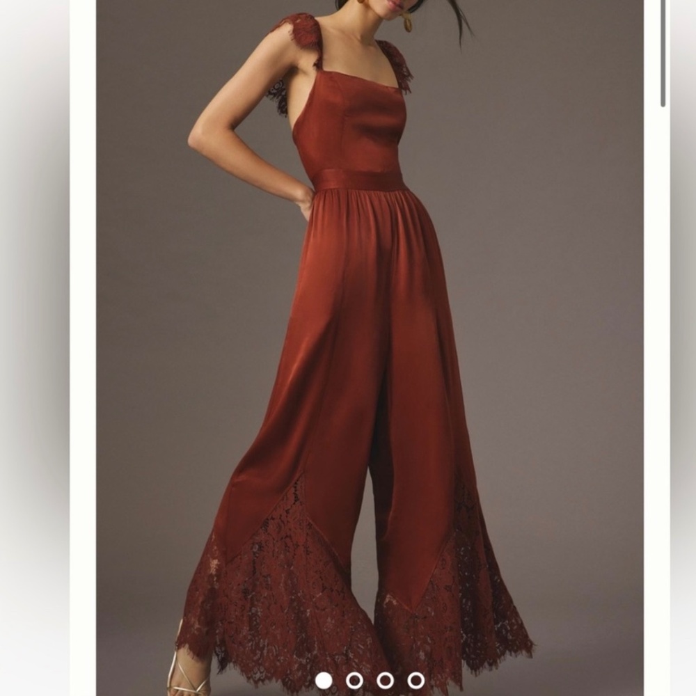 Anthropologie Brown Satin Feel with Lace Wide Leg Jumpsuit in Brown Size 6. NWT